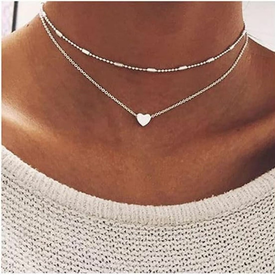 Necklaces | Aluinn Aluinn Love Heart Layered Choker Necklace Silver Simple Beads Pendant Necklace Simple Chain For Women And Teen Girls