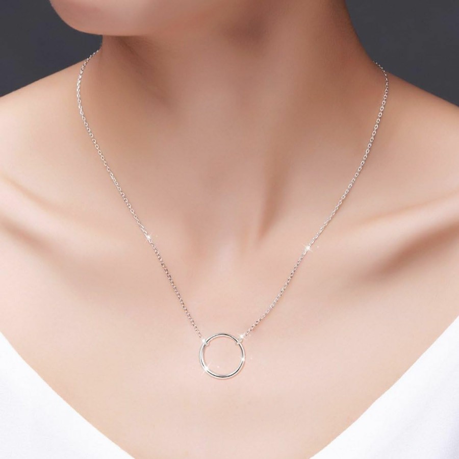 Necklaces | Ladytree Ladytree S925 Sterling Silver Dainty Simple Circle Pendant Eternity Necklace,Rolo Chain,18+2