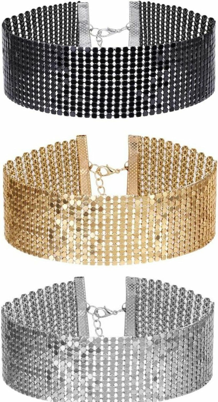 Necklaces | Tpocean Tpocean 3 Pcs Women'S Gold And Black Thick Rhinestone Metal Sequins Choker Necklace Set For Girls