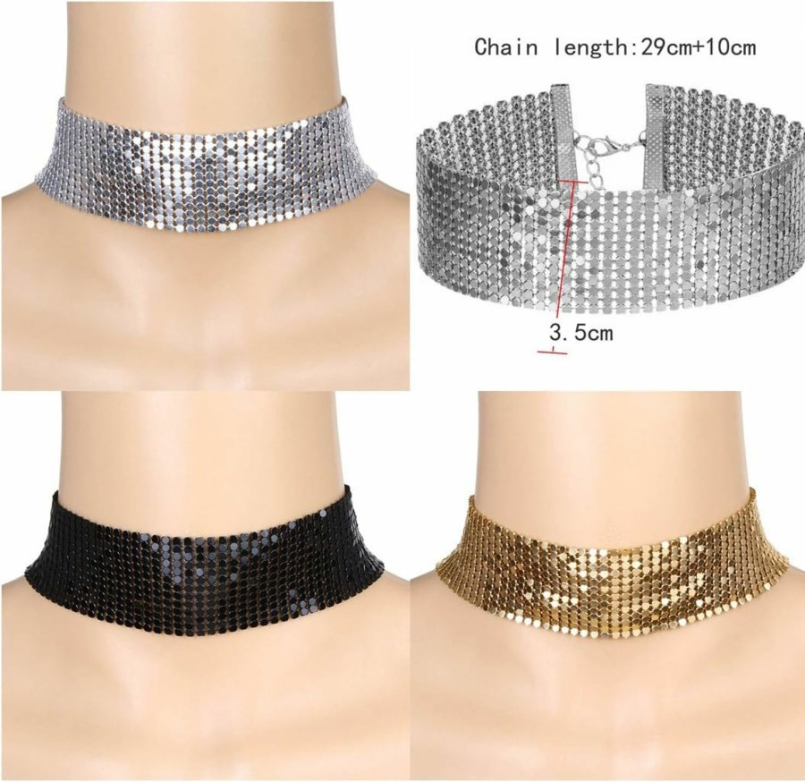 Necklaces | Tpocean Tpocean 3 Pcs Women'S Gold And Black Thick Rhinestone Metal Sequins Choker Necklace Set For Girls