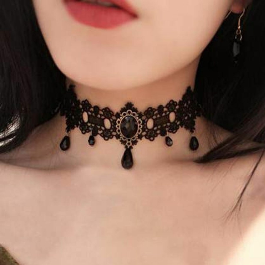 Necklaces | Kercisbeauty Kercisbeauty Black Lace Choker Gothic Necklace With Crystal For Women And Girls Halloween Party Custume Vintage Thick Choker