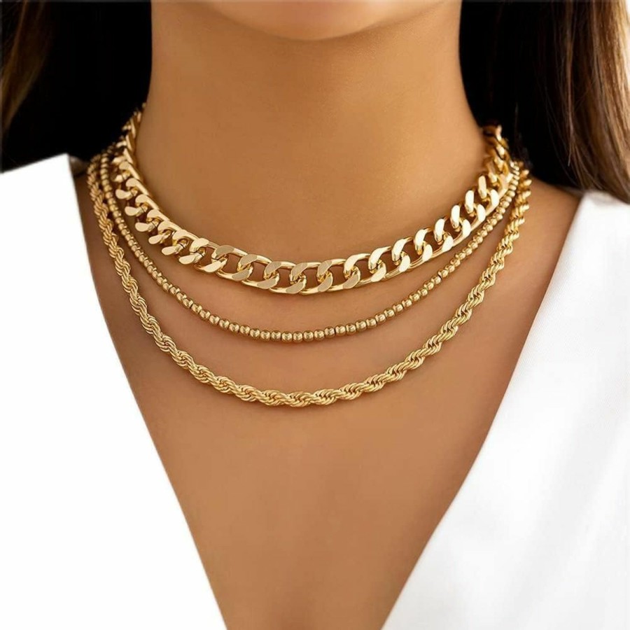 Necklaces | Octwine Octwine Boho Gold Twist Rope Chain Bead Choker Necklace Cuban Link Layered Chunky Necklaces Set Shiny Bar Choker Jewelry For Women And Girls (3Pcs)