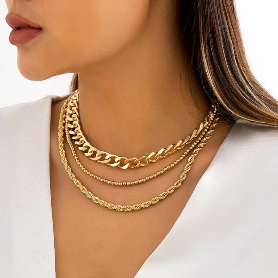 Necklaces | Octwine Octwine Boho Gold Twist Rope Chain Bead Choker Necklace Cuban Link Layered Chunky Necklaces Set Shiny Bar Choker Jewelry For Women And Girls (3Pcs)