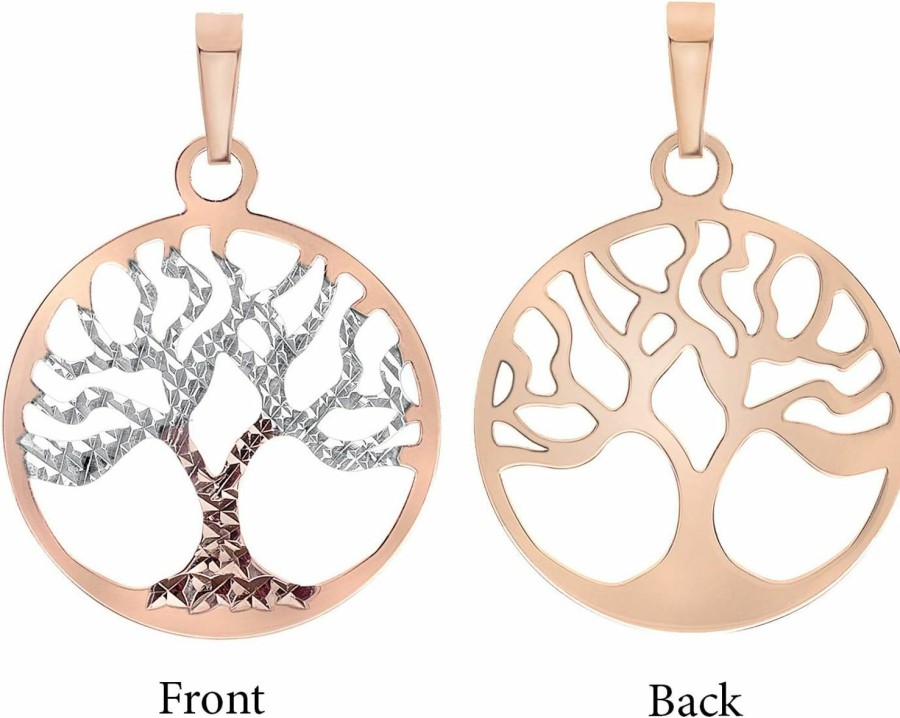 Necklaces | Jewelry America Jewelry America Solid 14K Rose Gold Textured Reversible Round Tree Of Life Pendant Necklace