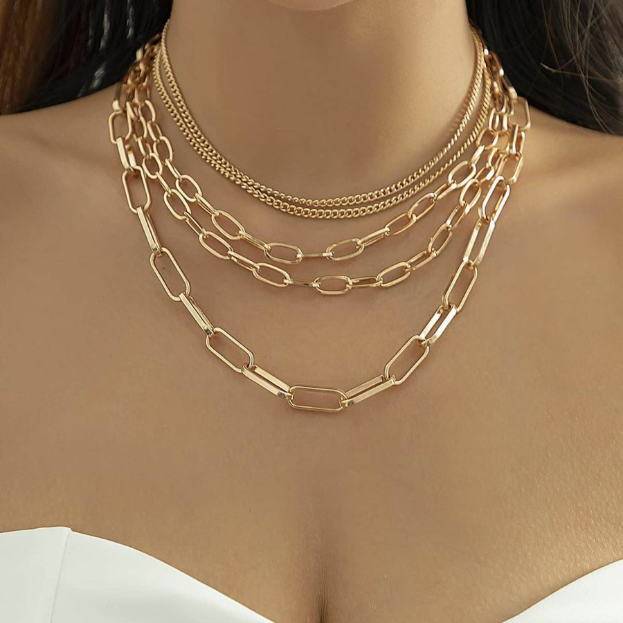 Necklaces | KunJoe Layered Chain Necklaces For Women 18 Inch Gold Plated Paperclip Chain Silver Tone Choker Necklace Rope Ball Chains Punk Jewelry