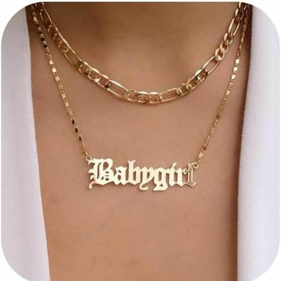 Necklaces | Jovono Jovono Layered Necklaces Gold Figaro Necklace Chain Fashion Babygirl Pendant Necklace Chain Jewelry For Women And Girls (Gold)