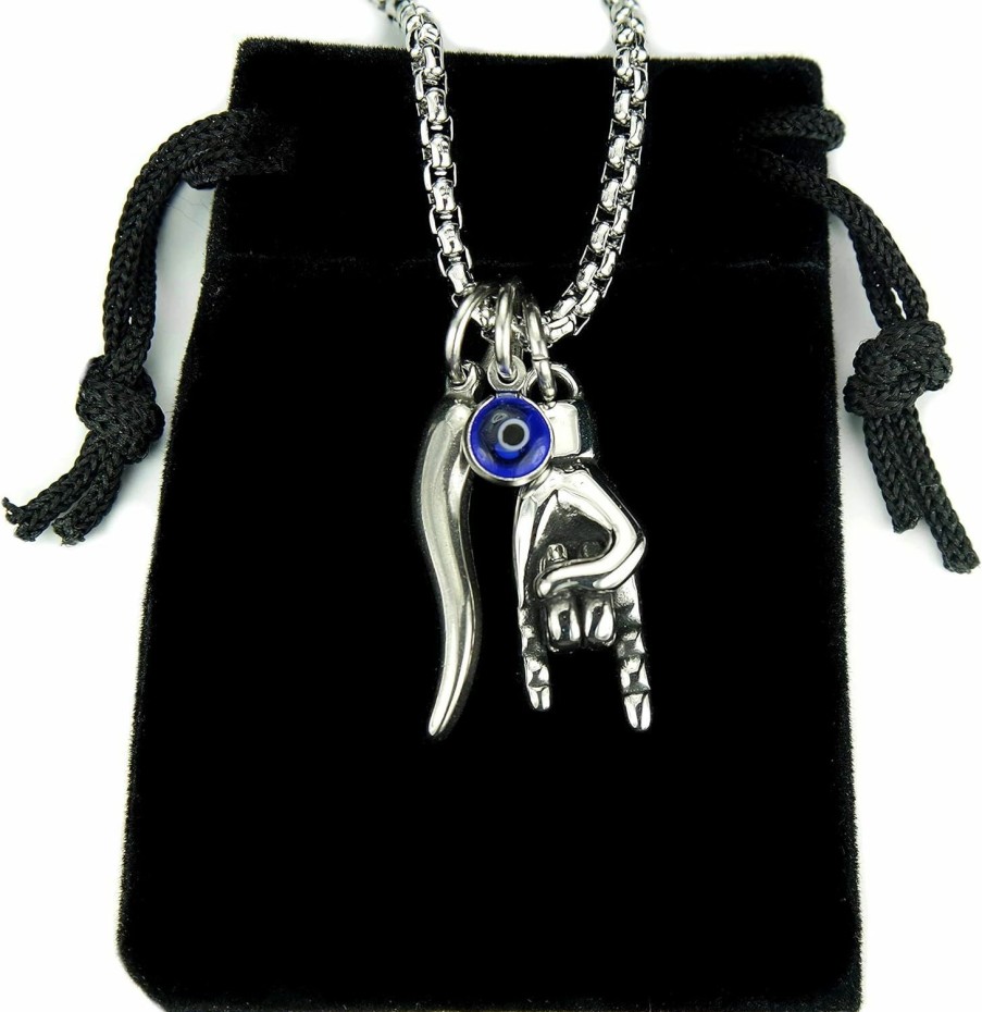 Necklaces | Ann Claridge Mano Cornuto, Cornicello, And Nazar Combo Necklace, On 24\" Box Chain, Italian Lucky Hand Horn Anti Evil Eye Good Luck Amulet Protection Charms All Stainless