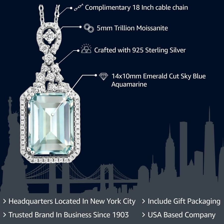 Necklaces | Gem Stone King Gem Stone King 925 Sterling Silver Sky Blue Simulated Aquamarine Necklace | Emerald Cut 14X10Mm Pendant Necklace For Women | 7.24 Cttw | With 18 Inch Silver Chain