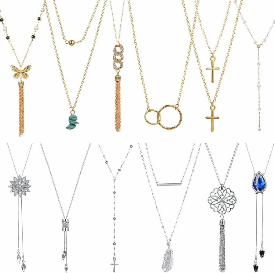 Necklaces | Hicarer Hicarer 12 Pieces Long Pendant Necklace Set Y Tassel Leaf Circle Bar Necklace For Women