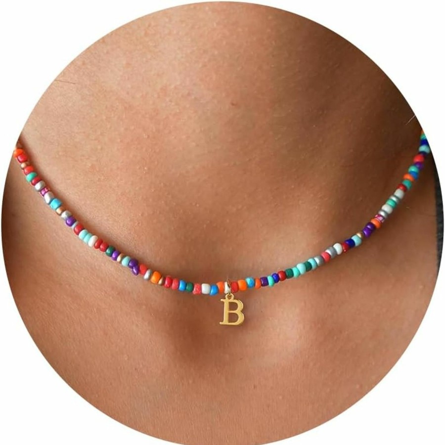 Necklaces | Yoosteel Yoosteel Colorful Beaded Initial Necklaces For Girls Women - Handmade Beads Choker Necklace Bohemian Initial Necklaces Jewelry For Girls Teen Girls Personalized Mothers Day Birthday Gifts For Women