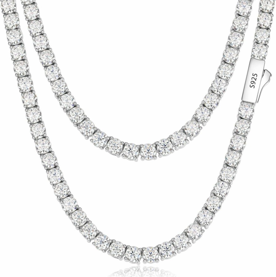 Necklaces | TUHE Tuhe Moissanite Tennis Necklace 33-43.8Carats Lab Created Diamond Necklace 18K White Gold Plated 925 Sterling Silver Tennis Necklace Chain 4Mm D Color Vvs1 Round Cut Moissanite Necklace For Men Women