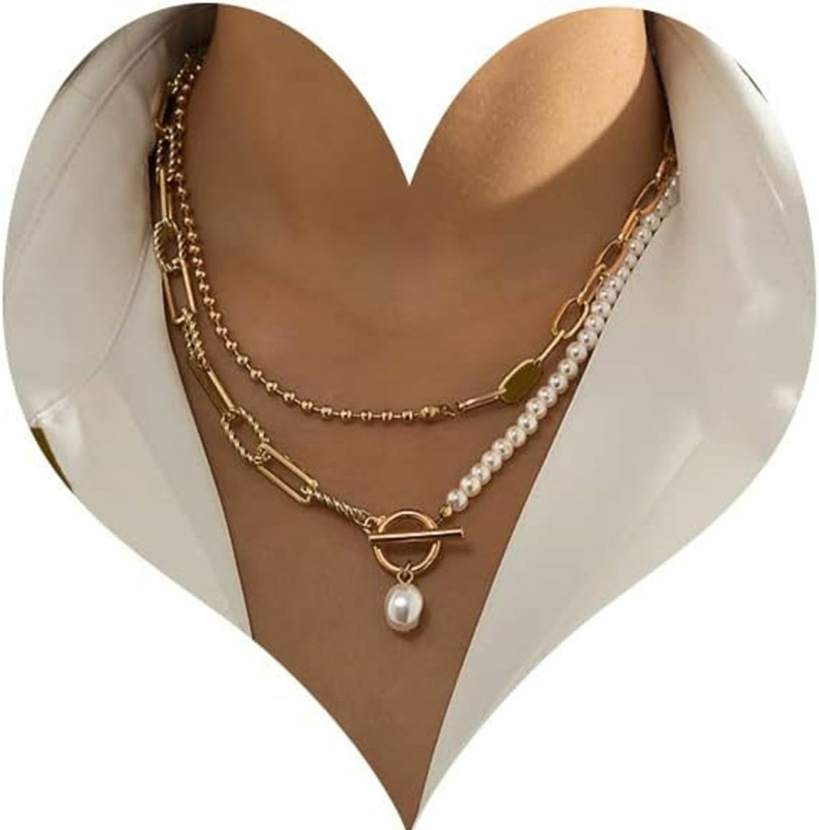 Necklaces | Bethynas Bethynas Dainty Vintage Layered Baroque Pearl Ot Clasp Necklace Stacking Beaded Ball Chain Paperclip Pearl Chain Retro Necklace For Women Girls