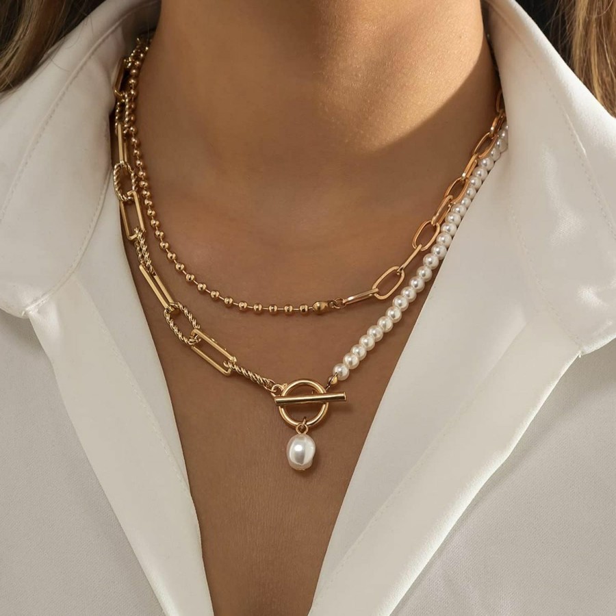 Necklaces | Bethynas Bethynas Dainty Vintage Layered Baroque Pearl Ot Clasp Necklace Stacking Beaded Ball Chain Paperclip Pearl Chain Retro Necklace For Women Girls