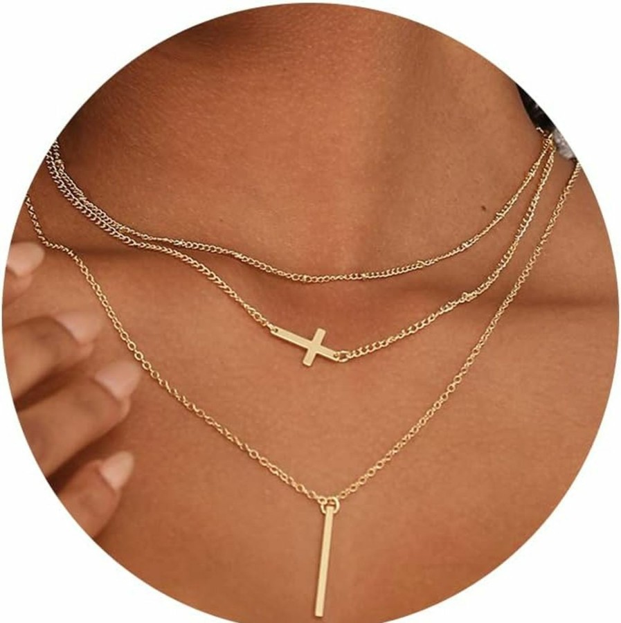 Necklaces | 17 MILE 17 Mile Gold Layered Choker Necklace For Women Girls, 14K Real Gold Plated Cz Pendant Necklace, Dainty Flat Snake Chain Layering Necklace For Gift