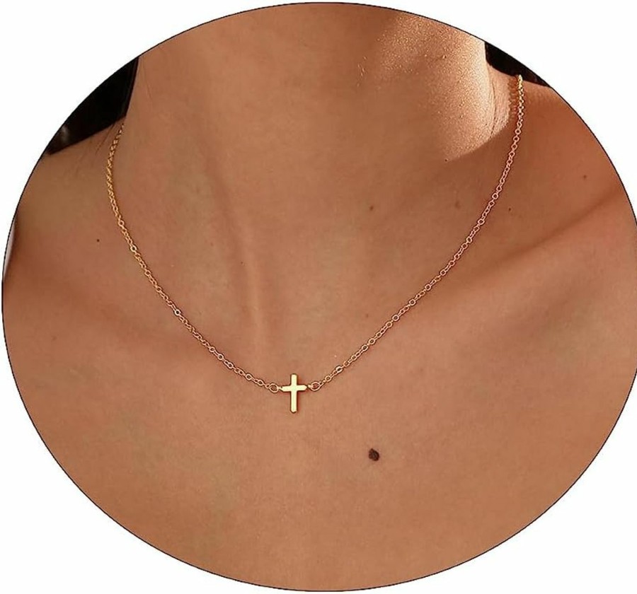 Necklaces | CAROVO Carovo Dainty Cross Pendant Necklaces For Women 14K Gold Plated Cute Faith Cross Necklace Sideways Cross Necklace Minimal Everyday Jewelry Gift