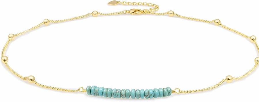 Necklaces | PERNNLA PEARL Pernnla Pearl 18K Gold Satellite Beaded Curb Ball Chain Choker Turquoise Garnet Beads Bar Necklace Handmade Pendant Jewelry Adjustable For Women 16"+ 2"