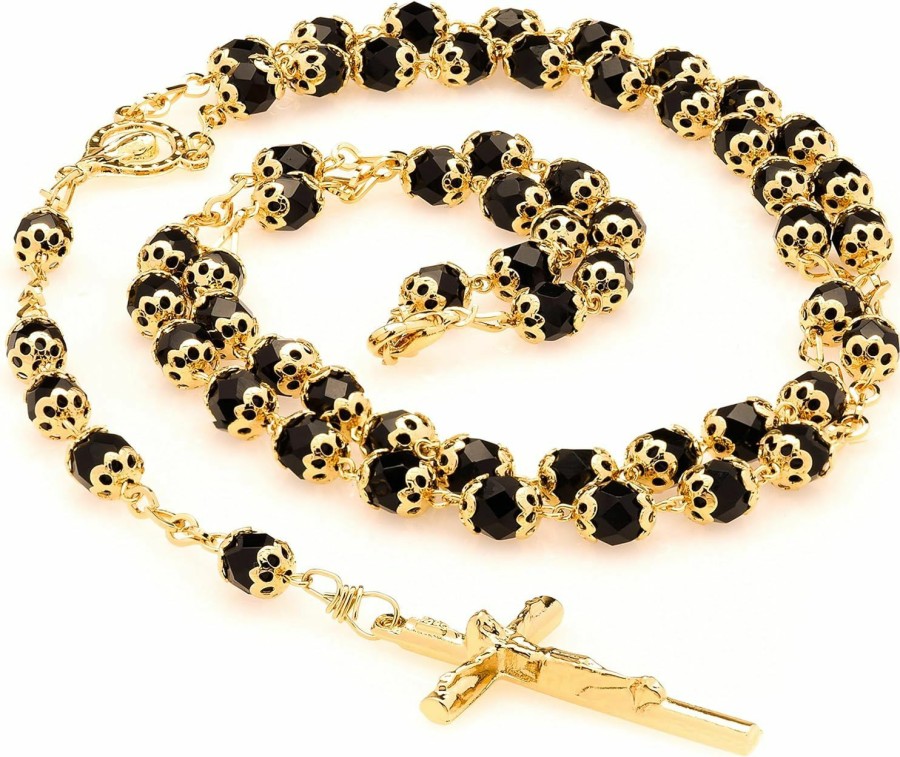 Necklaces | LIFETIME JEWELRY Lifetime Jewelry Rosary Necklace Black Crystal Prayer Beads 24K Real Gold Plated