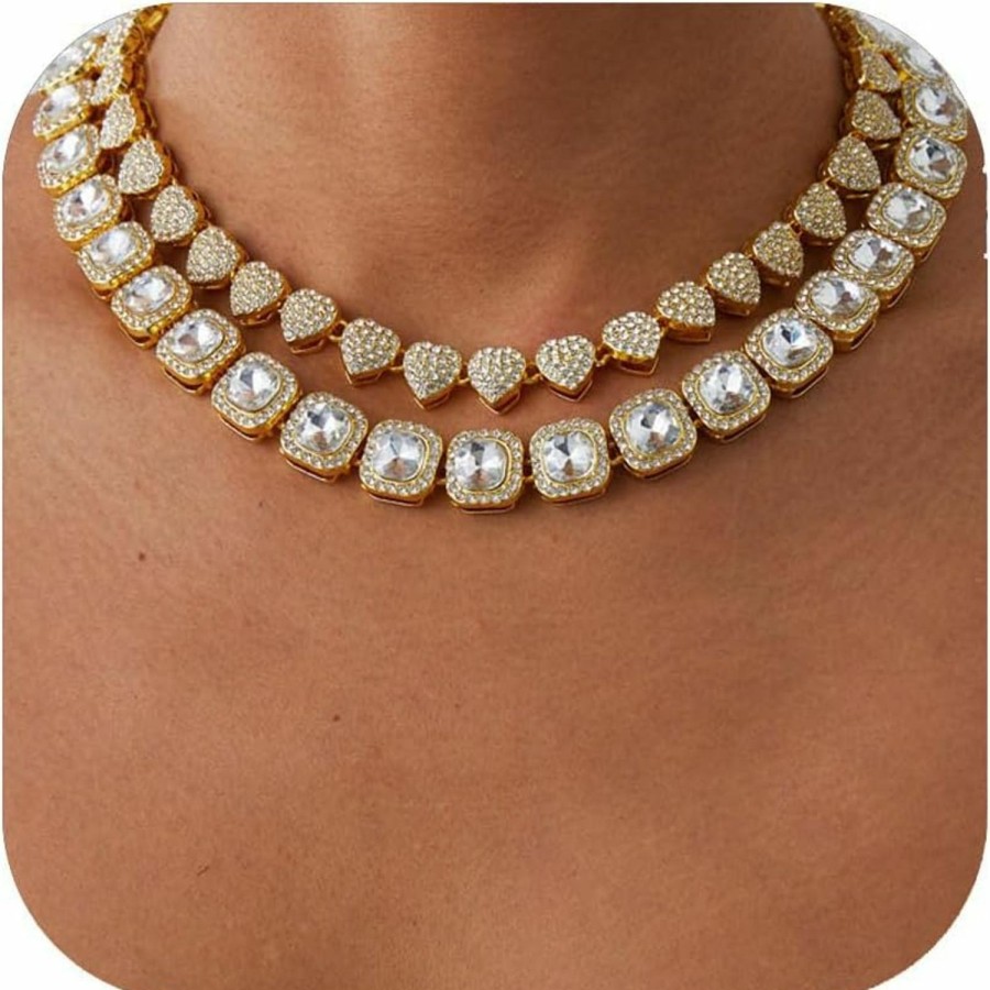 Necklaces | DIDISEE Gold Silver Cuban Link Chain For Women Heart Tennis Necklaces Diamond Chain Choker Necklace Layered Necklace Rhinestone Bling Necklace For Women Girls Hip Hop Jewelry