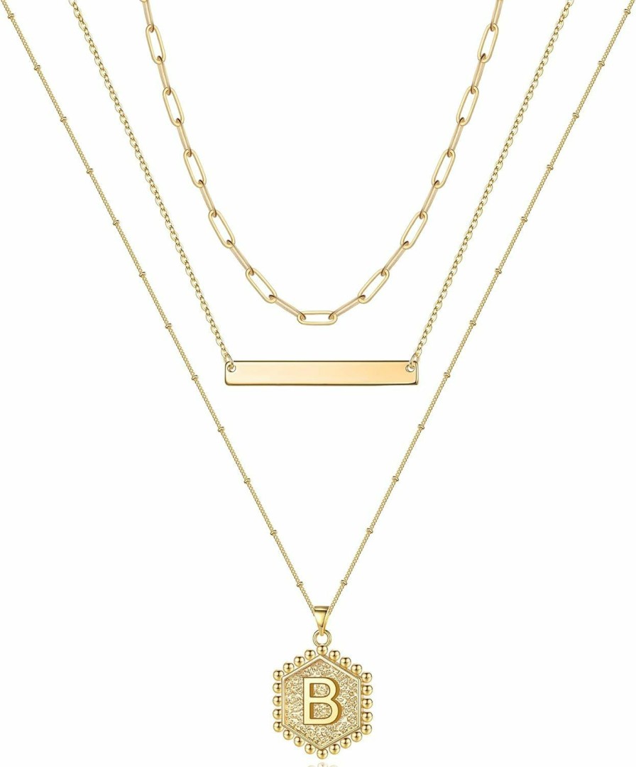 Necklaces | Turandoss Turandoss Gold Layered Initial Necklaces For Women, 14K Gold Plated Bar Necklace Handmade Layering Hexagon Letter Pendant Beads Chain Necklace Layered Necklaces For Women Gold Jewelry Gifts