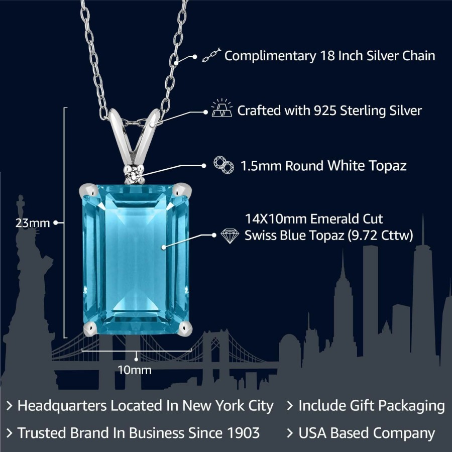 Necklaces | Gem Stone King Gem Stone King 925 Silver Swiss Blue Topaz And White Topaz Pendant Necklace For Women (9.72 Cttw, Gemstone November Birthstone, Emerald Cut 14X10Mm, With 18 Inch Silver Chain)