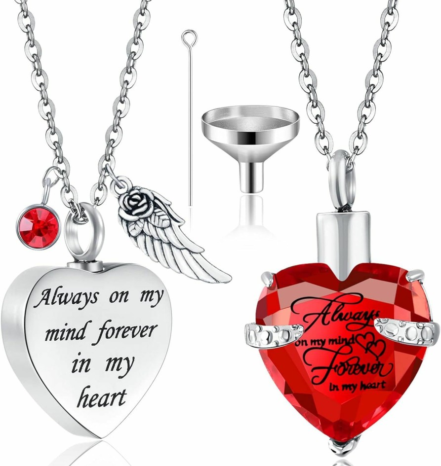 Necklaces | Yaomiao 2 Pieces Cremation Urn Necklace Heart Ashes Necklace Carved Locket Stainless Steel Waterproof Memorial Pendant With Angel Wing Birthstone And Filling Kit Always On My Mind