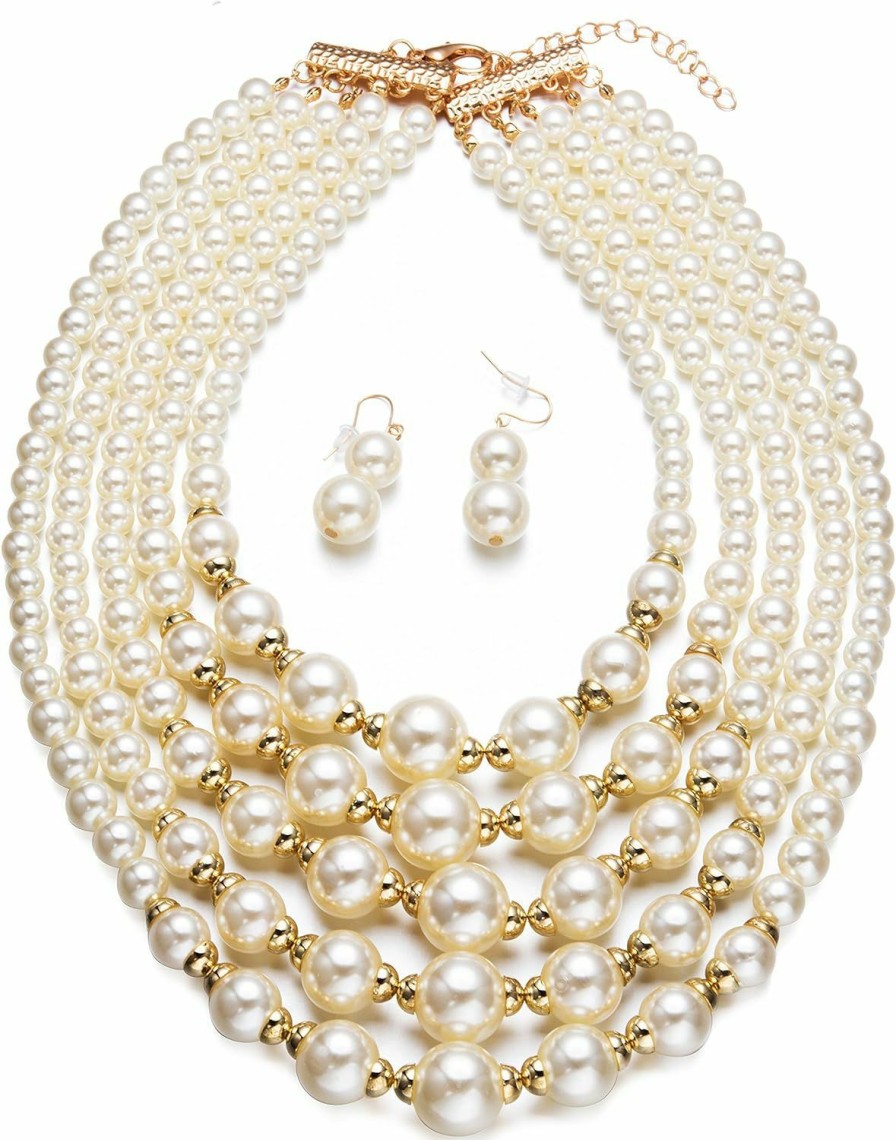 Necklaces | Yuhuan Yuhuan Women Elegant Pearl Jewelry Bead Cluster Collar Bib Choker Necklace And Earrings Set (Ivory)