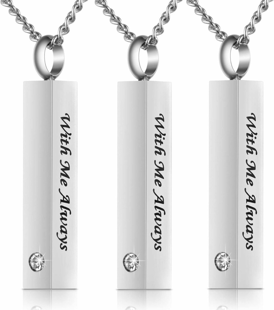 Necklaces | Decor Urns 3 Pack Urn Necklace For Ashes Memorial Cremation Jewelry For Ashes, Cz Bar Urn Locket For Ashes Stainless Steel Urns Pendant Keepsake Jewelry With Words: With Me Always & Funnel Kit & Bag