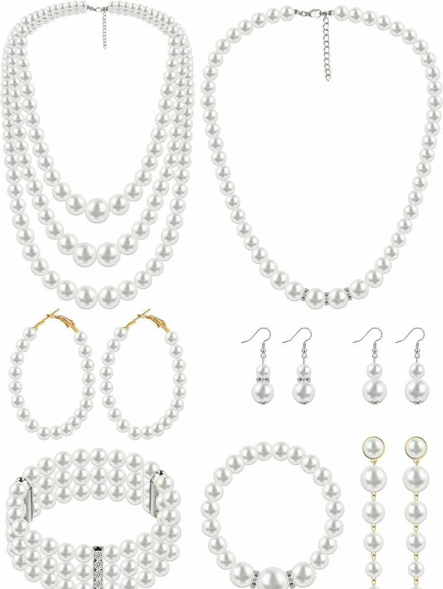 Necklaces | BBTO Bbto 8 Pcs Pearl Necklace Earrings Set For Women Girls, Includes Simulated Pearl Bracelet Faux Pearl Necklace Dangle Earrings