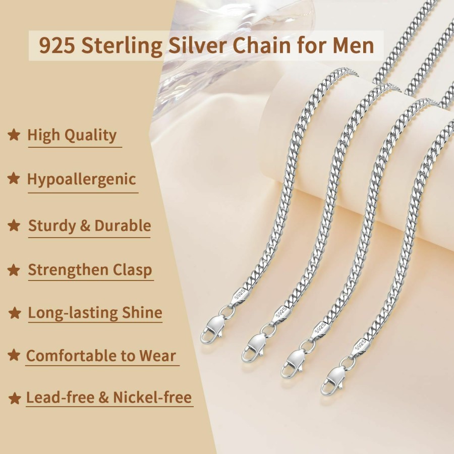 Necklaces | Fasongo Solid 18K Gold Over 925 Sterling Silver Italian 4Mm Cuban Link Chain Necklace For Men Boys Women, Sturdy & Comfortable & Shiny Hip-Hop & Cool Style Necklace 16 18 20 22 24 26 Inch