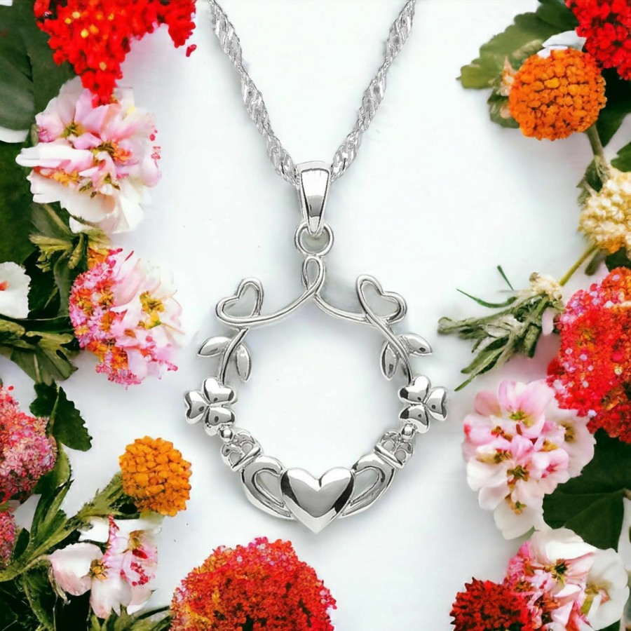 Necklaces | ICEBERRY Iceberry Irish Claddagh Necklace 925 Sterling Silver - Dainty Leaf Clover Wreath Pendant With Chain 20\" - Good Luck Blessing Shamrock Charm - Celtic Jewelry For Women