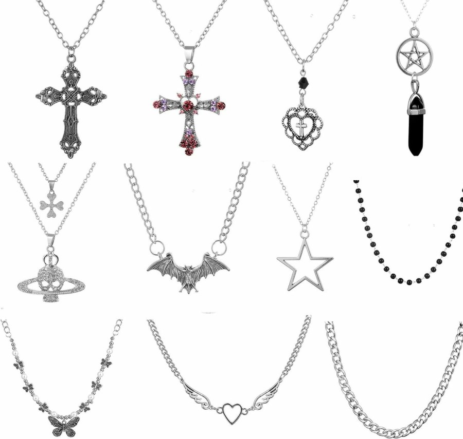 Necklaces | Yuoos Yuoos 11Pcs Punk Vintage Necklace Set Goth Grunge Saturn Star Indie Butterfly Boho Crystal Y2K Cross Pendent Heart Wing Statement Choker For Women Men