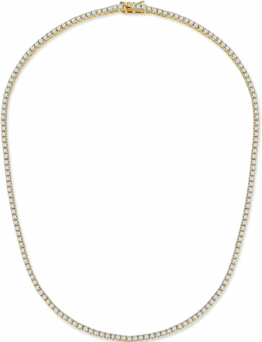 Necklaces | Gemsme Gemsme 18K Yellow Gold Plated 3.0Mm Round Cubic Zirconia Classic Tennis Necklace For Women And Men