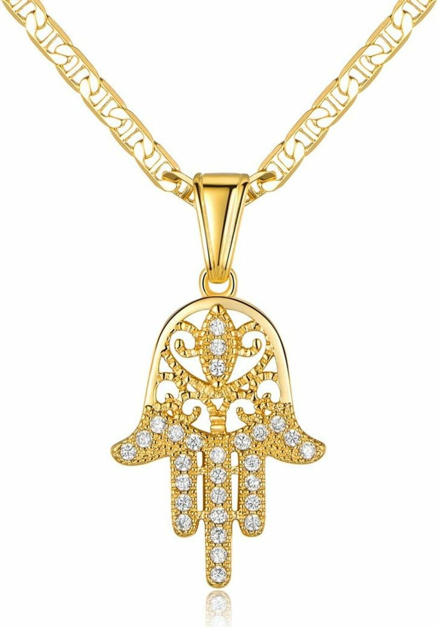 Necklaces | Barzel Barzel 18K Gold Plated Flat Mariner/Marina 060 3Mm Chain Necklace With Hamsa Hand Pendant