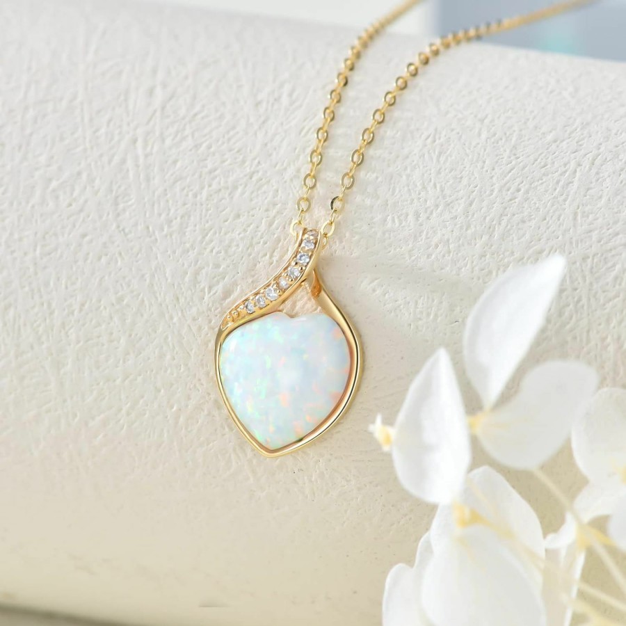 Necklaces | YDD Ydd 14K Solid Gold White Opal Necklace For Women Heart Shape Opal With Nature Diamond Pendant Necklace Heart Necklace Opal Jewelry Genuine Diamond Jewelry Gifts 16\"-18\"