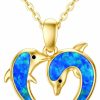 Necklaces | Ayafee Ayafee 14K Yellow Gold Love Heart Dolphin Necklace For Women Two Dolphin Pendant Necklace With Blue Opal Dainty Ocean Jewelry Gift For Mother Wife Girlfriend