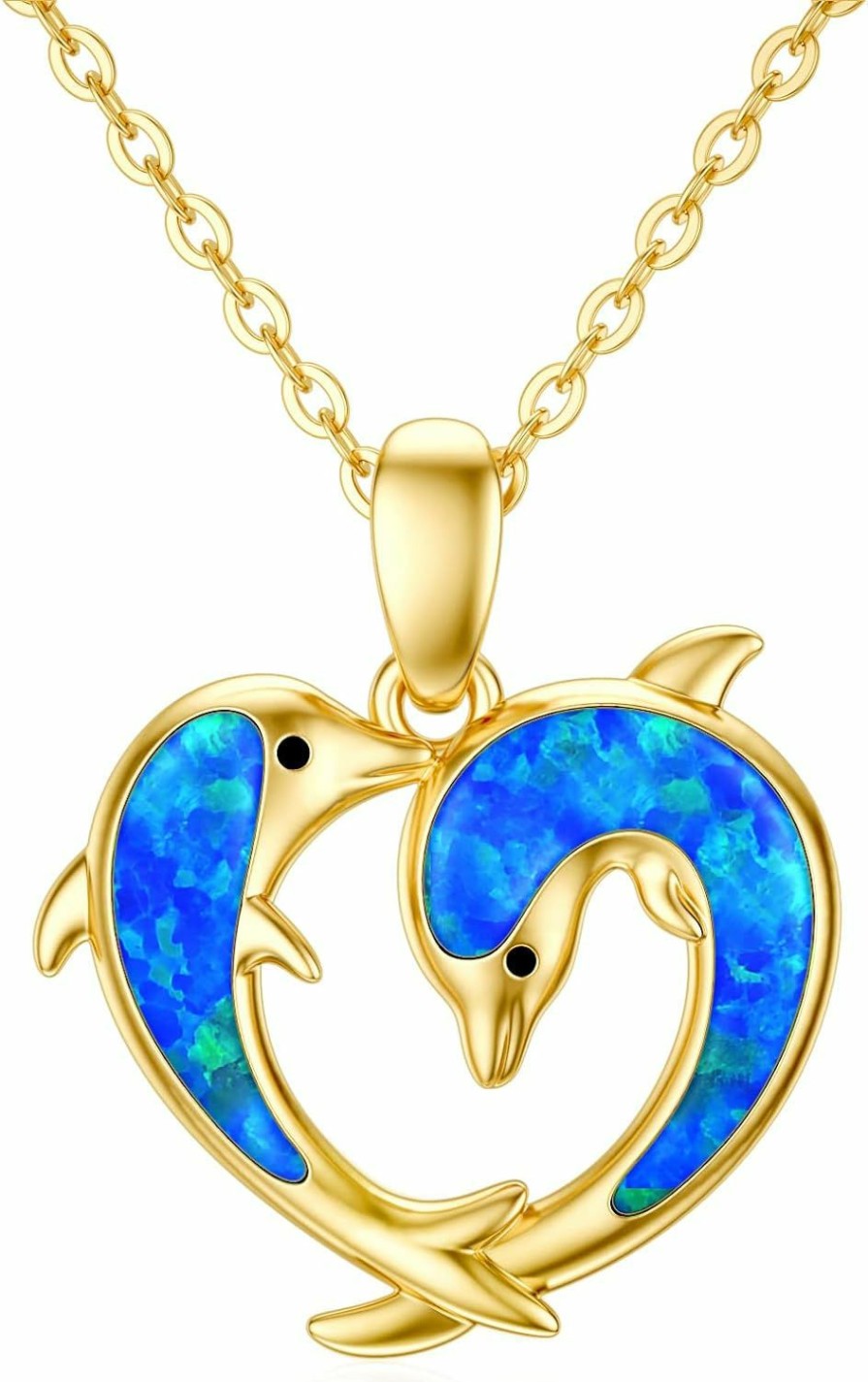 Necklaces | Ayafee Ayafee 14K Yellow Gold Love Heart Dolphin Necklace For Women Two Dolphin Pendant Necklace With Blue Opal Dainty Ocean Jewelry Gift For Mother Wife Girlfriend