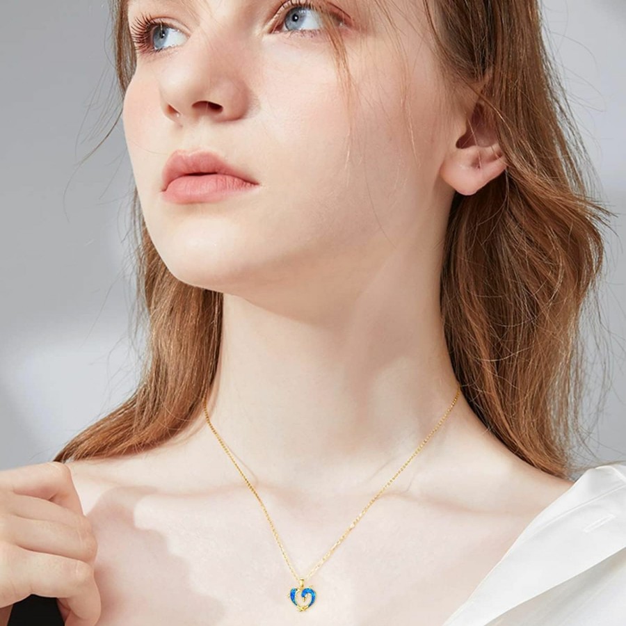 Necklaces | Ayafee Ayafee 14K Yellow Gold Love Heart Dolphin Necklace For Women Two Dolphin Pendant Necklace With Blue Opal Dainty Ocean Jewelry Gift For Mother Wife Girlfriend