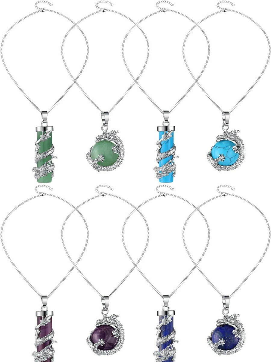 Necklaces | Yaomiao Yaomiao 8 Pieces Crystals And Healing Stones Pendant Necklace Dragon Wrapped Cylinder And Round Ball Pendant Chakra Reiki Gemstone Necklace