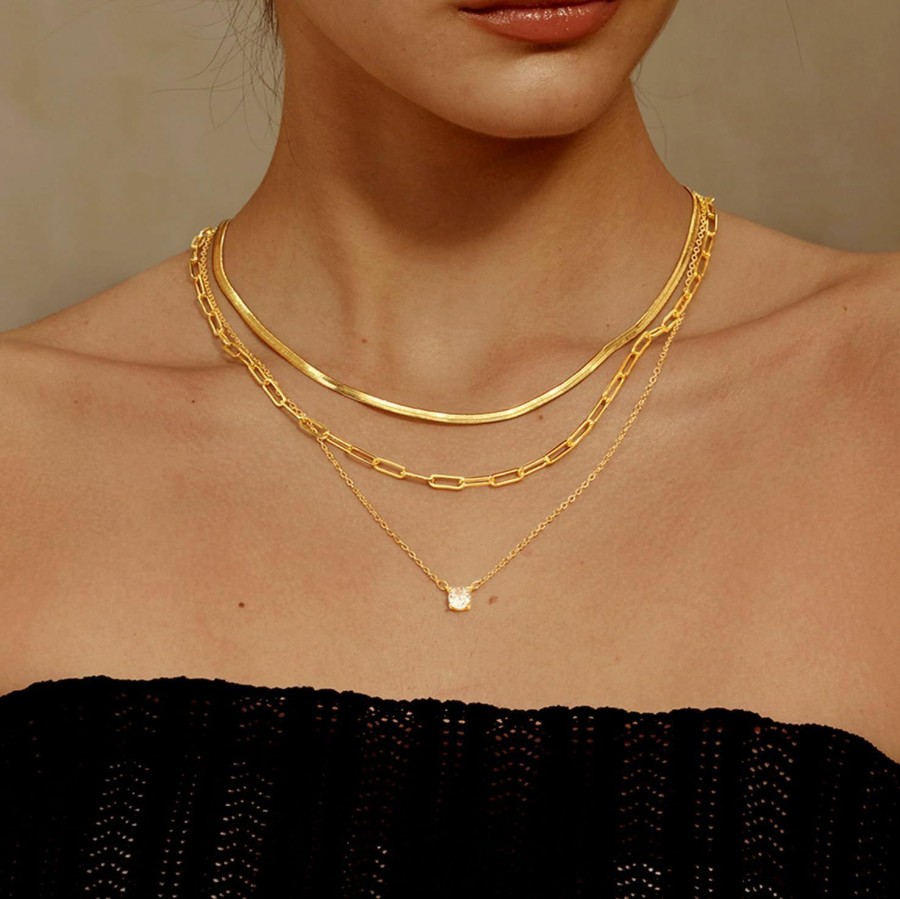 Necklaces | MBW Mbw Gold Layered Set Necklaces For Women, Dainty 14K Gold Plated Layered Cz Pendant Necklaces Simple Gold Herringbone Snake Choker Cuban Link Paperclip Chain Necklace Jewelry Sets For Women Girls