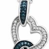 Necklaces | Jewelili Jewelili Double Heart Necklace Pendant With Treated Blue And Natural White Round Diamonds In Sterling Silver 1/6 Cttw 18 Inch Cable Chain