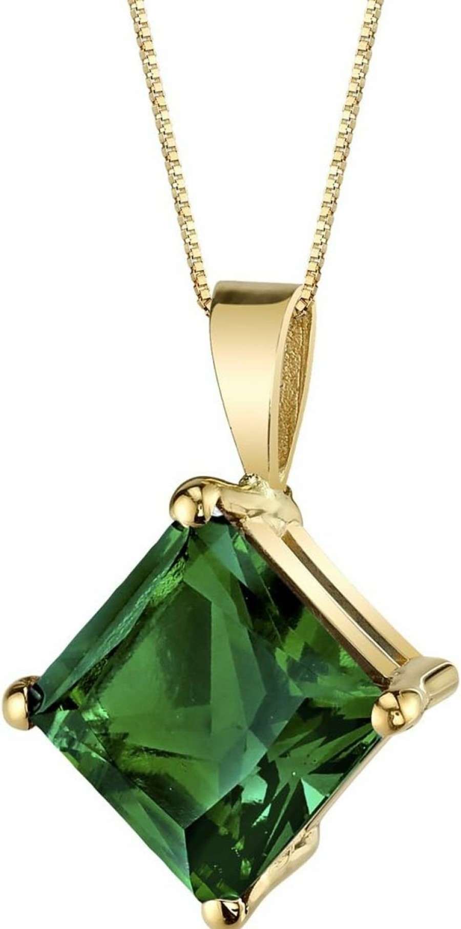 Necklaces | PEORA Peora 14K Yellow Gold Created Emerald Pendant For Women, Classic Solitaire, 2.25 Carats Princess Cut 8Mm Aaa Grade