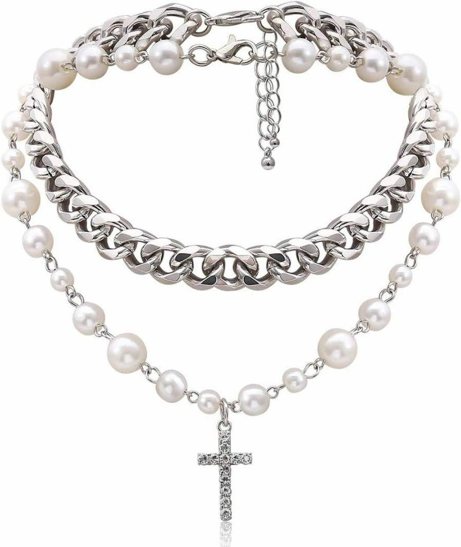 Necklaces | Inactwin Pearl Cross Necklace For Women Silver Layered Crystal Cross Pendant Punk Chain Choker Necklace Dainty Jewelry