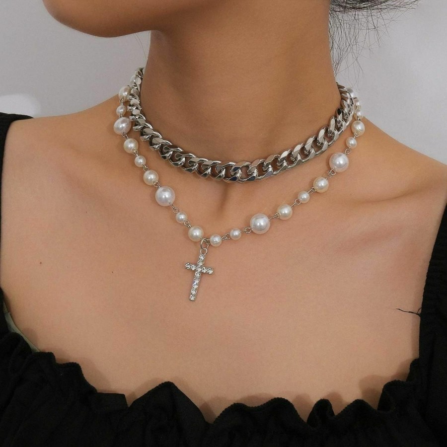 Necklaces | Inactwin Pearl Cross Necklace For Women Silver Layered Crystal Cross Pendant Punk Chain Choker Necklace Dainty Jewelry