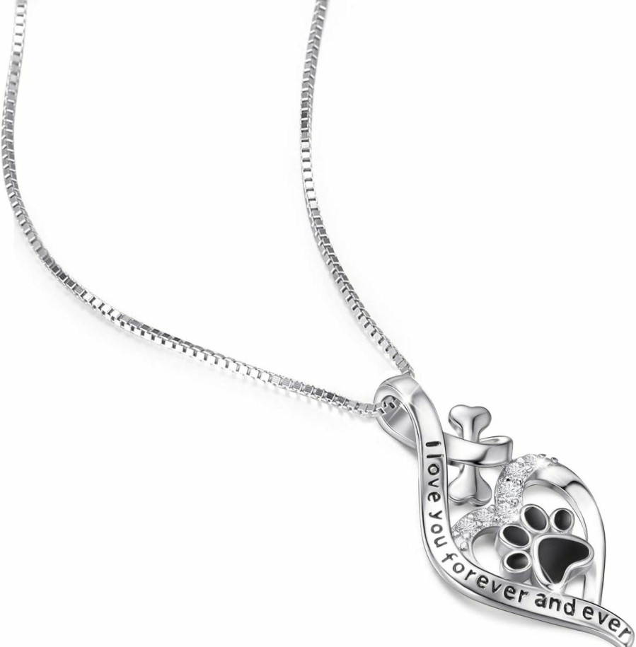 Necklaces | VANLAMS Vanlams Womens 925 Sterling Silver Bone Love Heart Dog Paw Print Pendant Necklace I Love You Forever And Ever, Gifts For Dog Owner