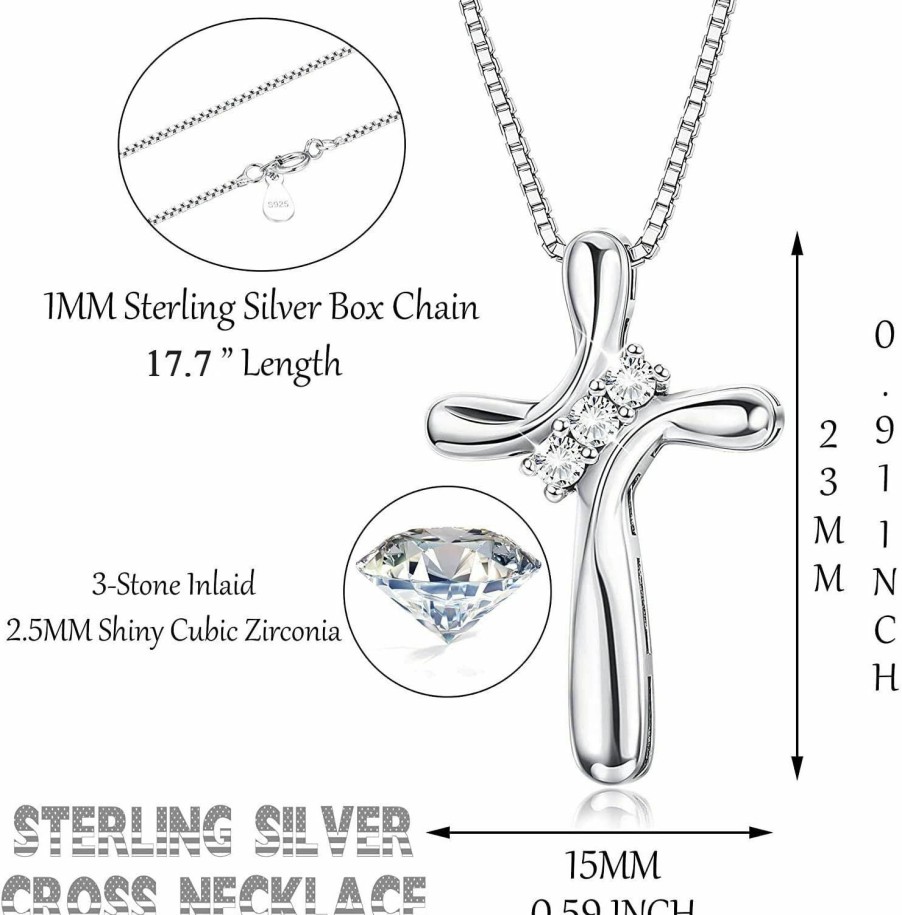 Necklaces | FUNRUN JEWELRY Funrun Jewelry 925 Sterling Silver Cross Pendant Necklace For Women 3-Stone Cubic Zirconia Pendant With 1Mm Box Chain, 17.7''