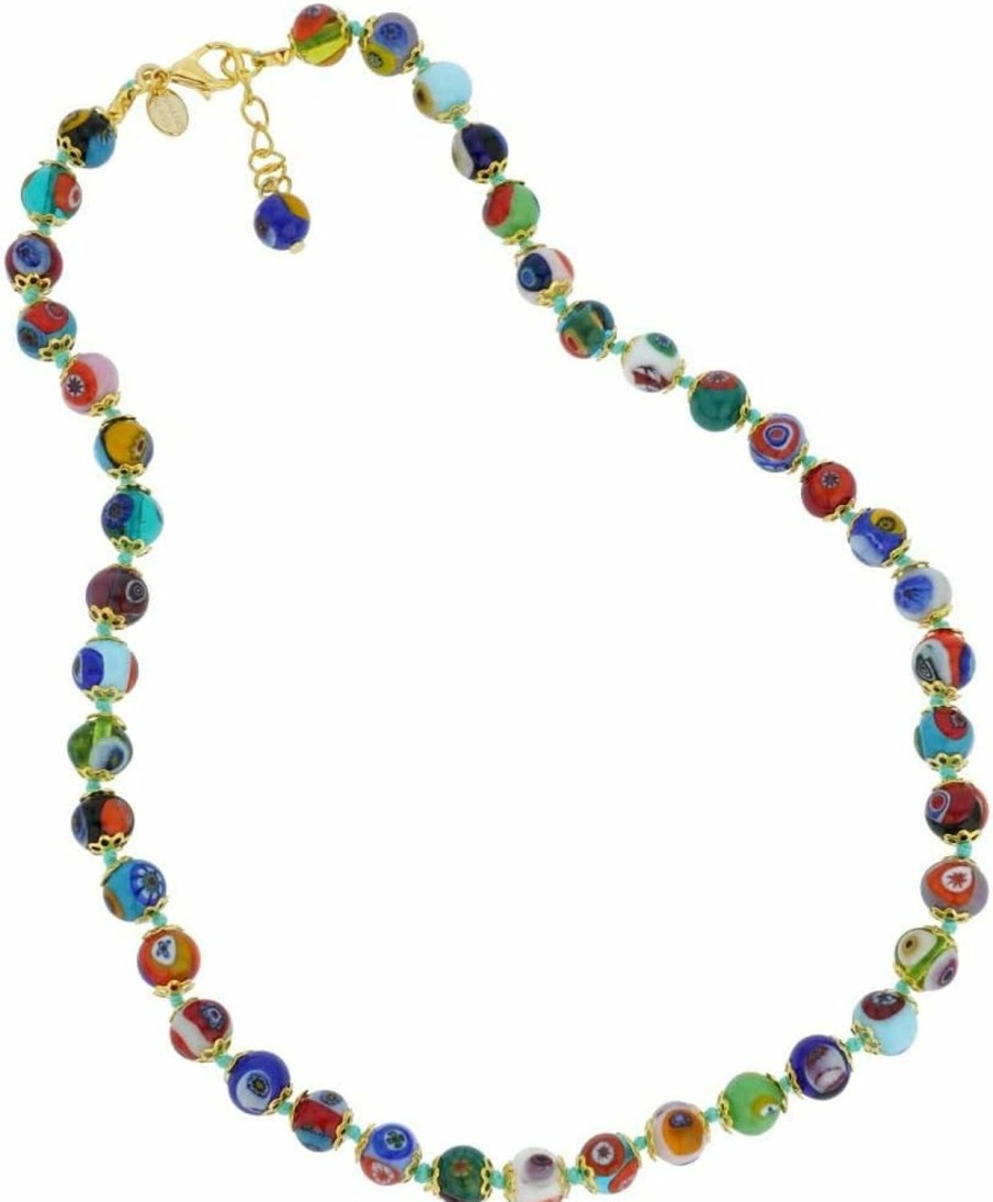 Necklaces | Glass Of Venice Glass Of Venice Murano Glass Necklace Shorter Length 17-Inches - Italian Millefiori Multicolor Mosaic Beads Handmade Blown Glass - Murano Glass Necklaces For Women