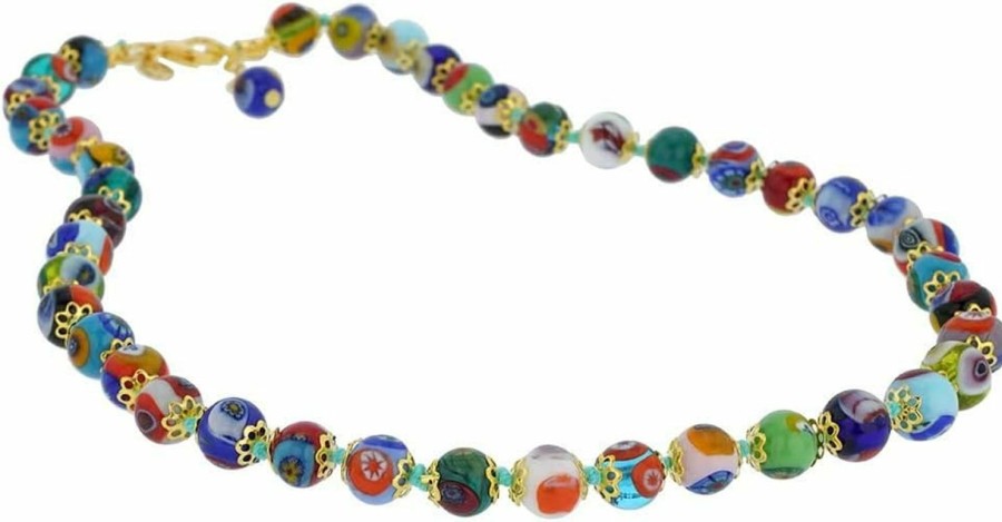 Necklaces | Glass Of Venice Glass Of Venice Murano Glass Necklace Shorter Length 17-Inches - Italian Millefiori Multicolor Mosaic Beads Handmade Blown Glass - Murano Glass Necklaces For Women